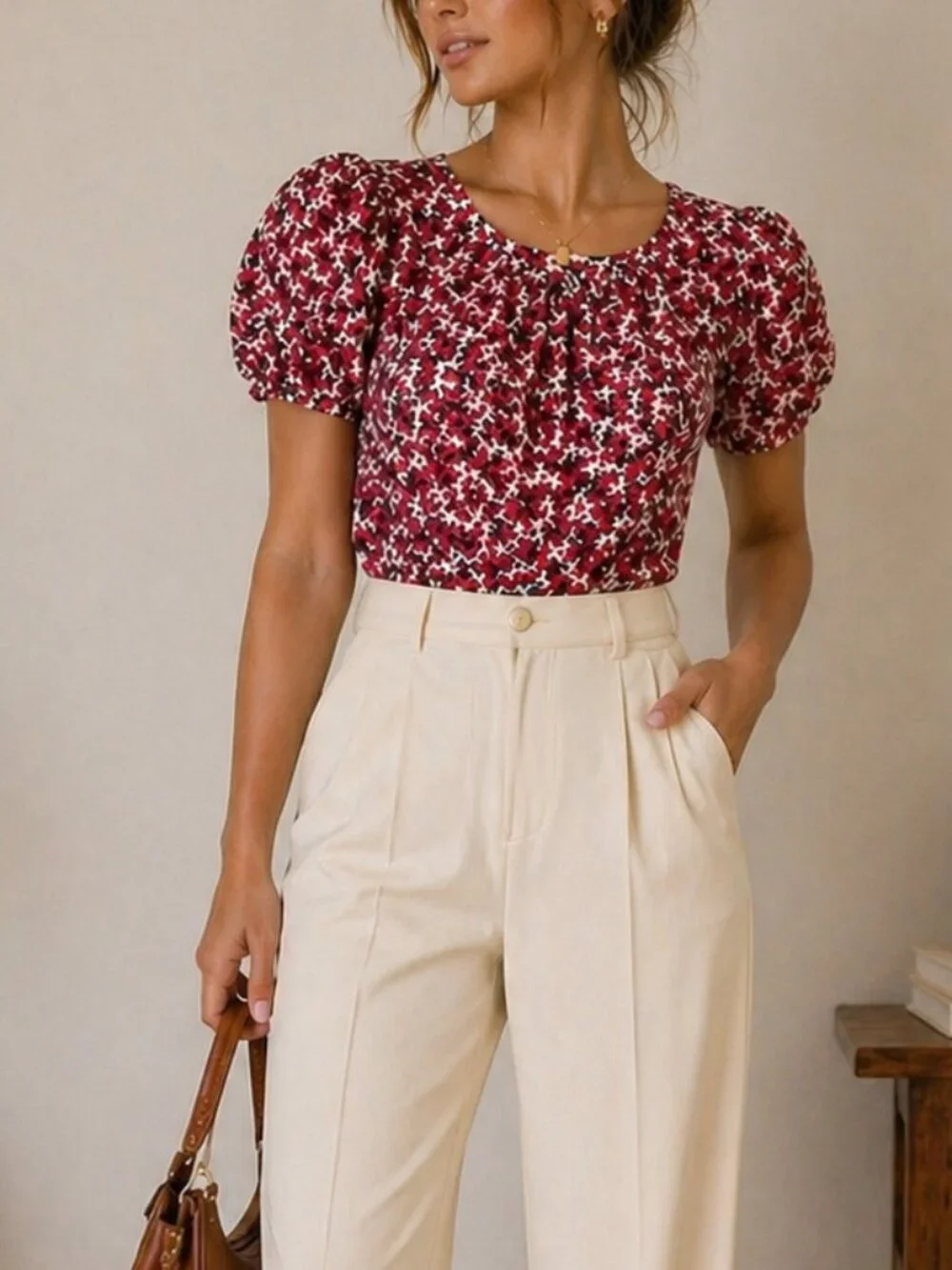 ZARA Floral Puff Sleeve Top Red Pink Fitted Blouse Size M Romantic Cottagecore S